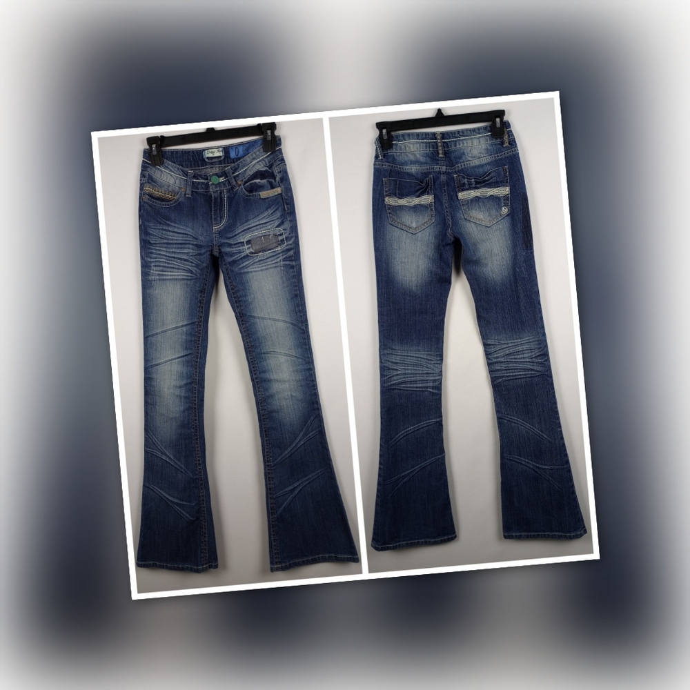 Indigo Reign 0 Low Rise Distressed Slim Flare Jeans
